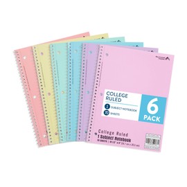 Blue Summit Pastel Spiral Notebook College Ruled, One Subject School Notebooks Spiral, Perforated Notebooks Bulk, 8 x 10.5 School Book, Paper, College Ruled, 6 Pack