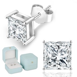 KRKC&CO Moissanite Earrings for Women, Princess Cut Color D VVS1, 925 Silver 14K Gold/White Gold/Black Plated Stud Earrings, Brilliant Jewelry Gift for Her - 0.8ct-3ct/4mm-6.5mm, Silver