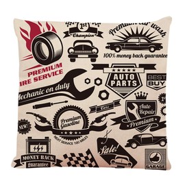 Ofocam Throw Pillow Cover Race Vintage Collection of Car Related Signs and Symbols with Various Design Ribbons and Emblems Mechanic Square Decorative Throw Pillow Cushion Case for Home 18 x 18 Inch