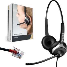 GEQUDIO Headset Compatible with Yealink, Snom, Avaya, Grandstream Phone - Includes RJ Cable - Headphones & Microphone with Replacement Pad - Especially Light 80g (2-Ear)