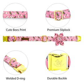 Elegant little tail Dog Collar, Spring Dog Collar with Flower Cute Bees Print Cotton Soft Female Male Pet Collar Flower Dog Collar Puppy Adjustable Dog Collar for Small Dogs