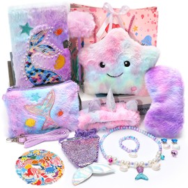 Justforjoyful 73Pcs Mermaid Gifts for Girls 5 6 7 8 9 10+ Years Old Birthday Mermaid Toy with Light Up Plush Star Pillow Diary Purse Jewelry Girl Toys Birthday for Toddler and Daughter