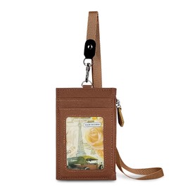 FuninCrea Credit Card Holder for Women Men Waterproof Card Wallet Slim Wallet with Removable Lanyard, Minimalist Wallet Card Case with 3 Card Slots and 1 Zipper Coin Pocket for Commuting (Brown)