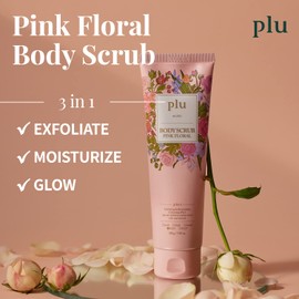 PLU Korean Walnut Body Scrub Pink Floral with Manuka Honey - Exfoliating & Moisturizing & Firming Glow - for Acne, Cellulite, Stretch Marks, Spider Veins, Fresh & Elegance Rose Scent 6.76 oz.