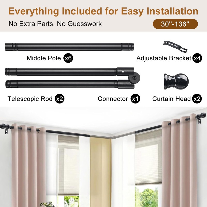 Corner Curtain Rod for Windows - L Shaped 30 to