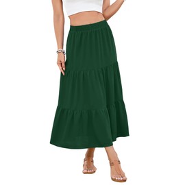 NILOUFO Women Summer High Waist Elastic A-Line Midi Skirt Flowy Tiered Pleated Beach Vacation Skirts with Pockets(Dark Green, X-Large)