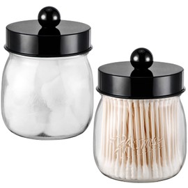 Farmhouse Decor Apothecary Jar Set,Mason Jar Bathroom Vanity Storage Organizer Canister - Qtip Holder Plastic Acrylic Jar for Cotton Swabs,Cotton Pads,Floss Picks,Paper Clips,Hair Clips(2 Pack,Black)