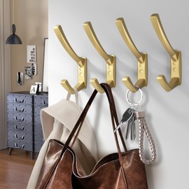 JCHOUS Heavy Duty Wall Hooks, 5.7 Inch Gold Coat Hooks, 4 Packs Large Towel Hooks for Hanging in Bathroom, Bedroom, Entryway, Kitchen, etc