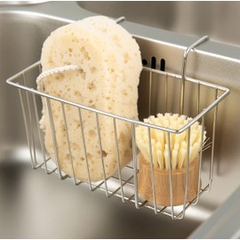 Damita Kitchen Sponge Holder, Sink Basket Sink Caddy Brush Dishwashing Liquid Drainer Rack 304 Stainless Steel Silver, Large (7.5"x 5.1"x 5.1")