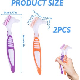 Set of 2 Denture Brushes with Double Bristle Head, Oral Hygiene and Cleaning of False Teeth, Denture Brush for Denture Care