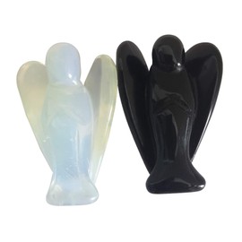 Lovionus89 Mini Crystal Angel, 2 Pieces Bag Carved Gemstone Guardian Figures Healing Statue Home Decor 1.5 Inches, Black Obsidian + Opalite