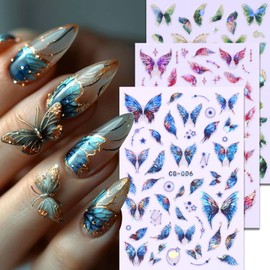 6 Sheets Butterfly Nail Art Stickers 3D Self-Adhesive Laser Butterfly Wings Stars Nail Decals Love Heart Flower Moon Design Nail Art Stickers Acrylic Nail Decoration for Women Manicure Supplies