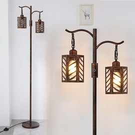 ShuideHua Industrial Vintage Dimmable Lamp, 2 Classical Lanterns Rustic Farmhouse Floor Lamp with Bronze Gold Finish, for Living Room Bedroom (Red Copper)