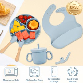 MIICASA Silicone Baby Feeding Set, Baby Led Weaning Supplies, Silicone Suction Plate, Bowl, Spoons, Fork, Waterproof Bib, Cup and Food Tableware, Eating Utensils Baby Feeding Essentials for 3+ Months