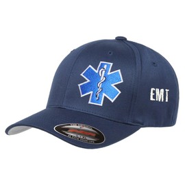 EMT Star of Life Hat Paramedic Cap Flex Fit Black Navy (Large-X-Large)