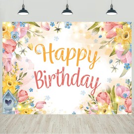 7x5ft Spring Happy Birthday Backdrop Colorful Flowers Greenery Photography Background for Women Girls Birthday Party Decorations Portraits Banner Photo Studio Props