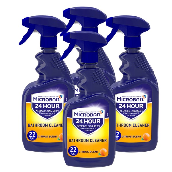 Microban Bathroom Cleaner, 24 Hour Sanitizing and Antibacterial Disinfectant Spray, Citrus Scent, 22 Fl Oz, Pack of 4
