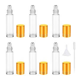 ccHuDE 6 Pcs 10ml Essential Oil Roller Bottles Clear Glass Roll on Bottles Refillable Perfume Sample Bottles with Stainless Steel Roller Ball Plastic Pipette Funnel Transparent Gold