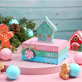Yookeer 4 Pieces Pastel Christmas Gingerbread House Tiered Tray Decor Mini Wood Book Stacks Table Decorations Pastel Candy Wooden Book Table Sign for Christmas Home Room Mantle Fireplace Shelf