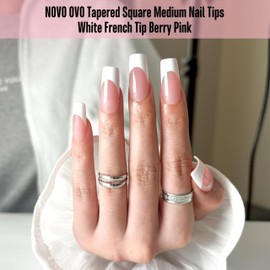 NOVO OVO White French Tip Square Nail Tips, Press on Berry Pink, Extra Thick Square Nail Tips, Artificial Acrylic Nail Extension, Requires Builder Gel Top Coat for DIY, 15 Sizes x 240 Pieces