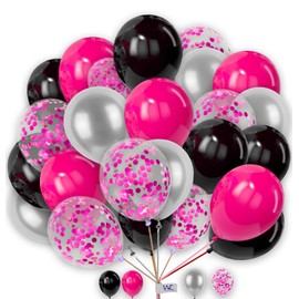 Plain Round Balloons 10 Inch Hot-Pink Black & Silver with Hot-Pink Confetti Balloons Pack of 25 Combo Balloons for Kids Party Birthday Baby Shower Decorations Wedding Party.