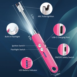 TIANWANG Electric Lighter,Candle Lighters with Flashlight,Windproof & Flameless,Type-C Rechargeable with Safety Switch for BBQ,Grill,Camping,Fireplace,Stove (Pink)