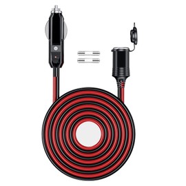 Gibbab - Cable de extensión para encendedor de cigarrillos de 12 V/24 V, 16 AWG, 13 pies, 156 W/20 A macho a hembra adaptador de enchufe con luces LED (fusible integrado de 20 A y 2 fusibles de