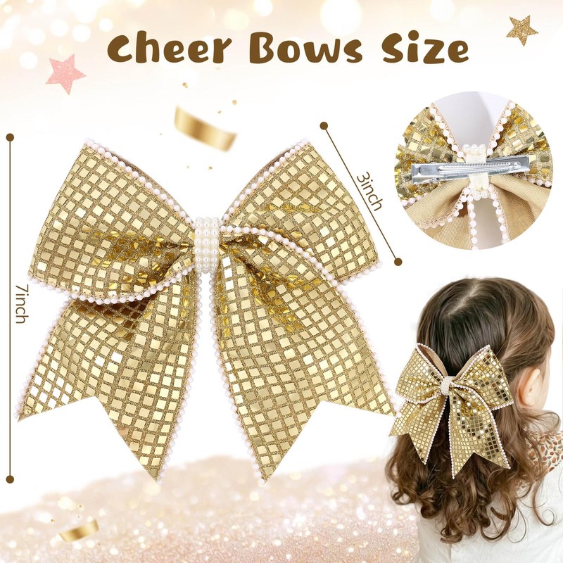 OAOLEER 2PCS Glitter Cheer Hair Bow Clips for Girls (Gold)