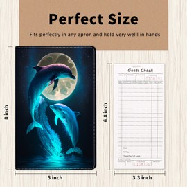 Server Book for Waitress,Leather Waitress Book Organizer with Zipper Pocket Waiter Book Server Wallet Fit Server Apron and Guest Check Books for Servers Waitress Notepad,Cute Dolphins and Moon