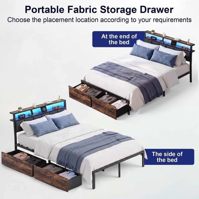 Queen Bed Frame with Storage Drawers, Upholstered Headboard with LED