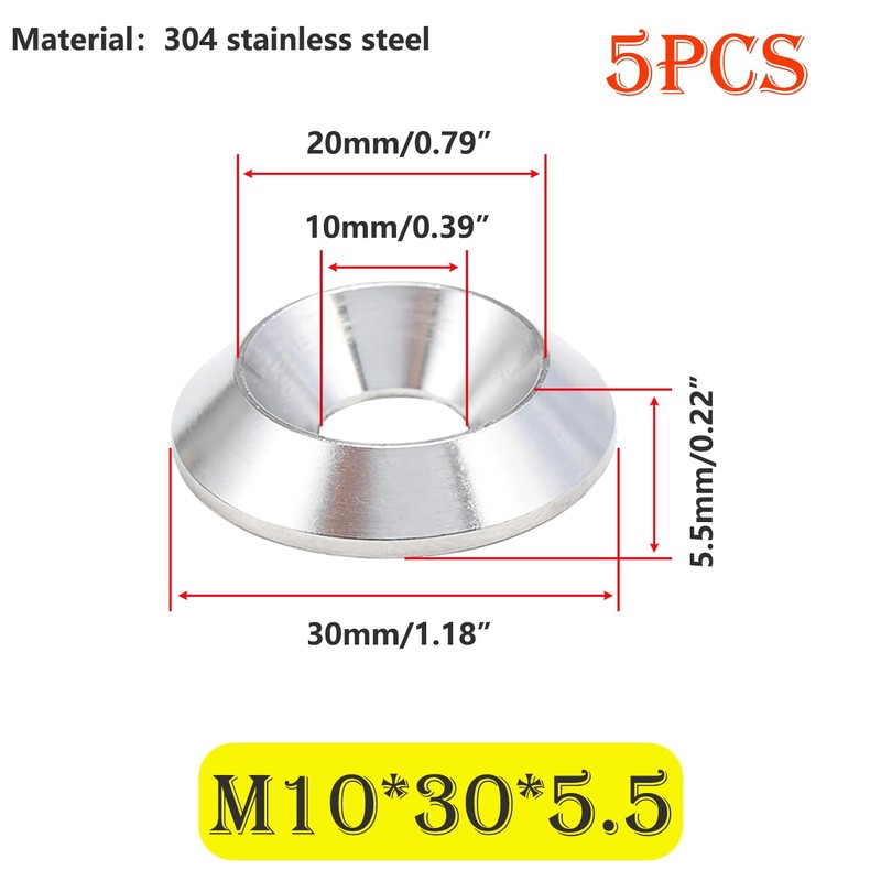 Ctyjia 5 PCS M10 Countersunk Washer, Stainless Steel Washers, Solid