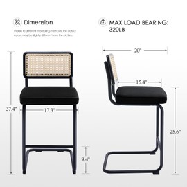 Zesthouse Modern Counter Height Bar Stools, 26'' Natural Rattan Barstools Set of 2, Velvet Kitchen Stools with Backs, Mid Century Cantilevered Design Bar Chairs Island Stools, Black