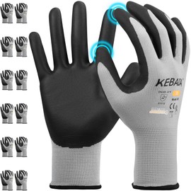 Kebada W3 Work Gloves for Men and Women, Touchscreen Nylon Working Gloves, 12 Pairs Nitrile Coated Protective Gloves for Gardening, Mechanic, Warehousing, Delivery (Medium Size)