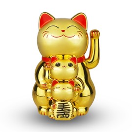 Lucky Cat Waving Arm, Lucky Cat Statue Solar Fortune Cat Feng Shui Gold Cat Waving Cat Lucky Cat Figurine for Shop Store Decoration, 4.5 in