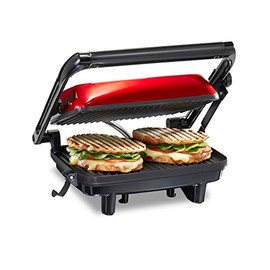 Hamilton Beach Sandwichera, Prensa para Panini, para Cualquier Espesor de Sándwich, Parrillas Antiadherentes de 25.4 x 20.32 Centímetros, Roja (25462Z)