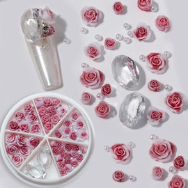 HYWWPFLA Rose Camellia Flowers Nail Charms 3D Flower for Nails White Nail Pearls Nail Rhinestone Gems Resin Floral Nail Art Design Nail Decoration Manicure Accessories (Rose)