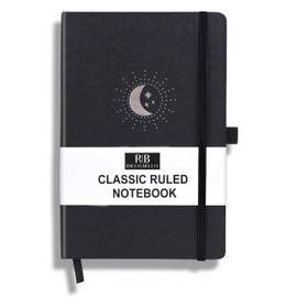 RICCO BELLO Classic College Ruled Notebook | Faux Leather Hardcover Lined Writing Journal for Work, Home, School | 192 Lined Pages, 5.7 x 8.4-Inches (Black Moon & Stars)