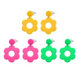 3 Pairs Earrings, Yellow Earrings, Flower Earrings, Chrysanthemum Earrings, Retro Earrings, Acrylic Earrings, Neon Earrings, Drop Earrings for Women and Girls (Rose Red, Green, Yellow), Plastic