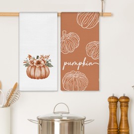 EGBTL Fall Floral Pumpkin Kitchen Towels, Rustic Autumn Orange Pumpkin Hand Towels for Bathroom Decor, Farmhouse Vintage Fall Dishcloths Dish Towel for Kitchen 16x24 Inches Set of 2