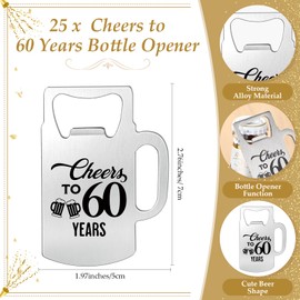 Havawish 25 Sets Birthday Favors for Guests Beer Shape Bottle Openers Cheers to Years Bottle Opener with Thank You Card Organza Bags and Hemp Rope Anniversary Party Favors for Guests (60 Years)