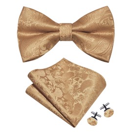 Gusleson Tan Bow Tie Pocket Square Set for Wedding Pre-Tied Khaki Brown Paisley Bowties Handkerchief Cufflinks for Men (UK0497-16)