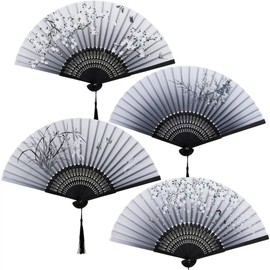 QISEQIRO 4 Pack Colorful Fabric Folding Hand Fan Handheld Fans for Wedding Gifts Dancing Party Decoration (Black)