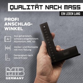 MIB Hardened Aluminium Try Square, 150 x 100 mm, Precision Square According to DIN 875 GG1, Carpenter's Square, Tool for Carpenters & Craftsmen, Stop Square Metal, Protractor, Black