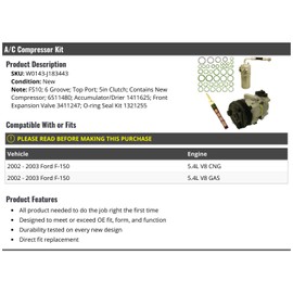 Marketplace Auto Parts A/C Compressor Kit - Compatible with 2002-2003 Ford F150 5.4L V8 (FS10 6-Groove; Top Port; 5-inch Clutch)