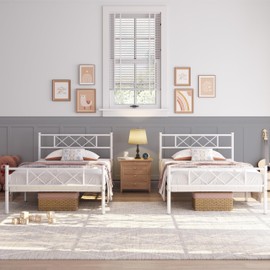 Yaheetech White Twin Metal Platform Bed Frame Mattress Foundation with Headboard and Footboard Under Bed Storage Steel Slats No Box Spring Needed 2Pcs