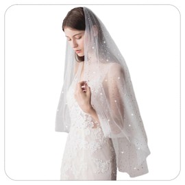 YAEISM Sparkly Wedding Veil Moon and Star Gold Sequins Glitter Bachelorette Veils 2 Layer Starlight Fingertip Bridal with Comb Costume Party Accessories for Women