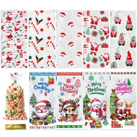 Hryxic Christmas Clear Treat Bags,100 PCS Christmas Cellophane Treat Bags,Santa Claus Goodie Candy Bags with Twist Ties for Party Favors Supplies,9 Styles