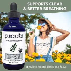 PURA D'OR PURA D'OR Organic Eucalyptus Essential Oil (4oz with Glass Dropper) 100% Pure & Natural Therapeutic Grade for Hair, Body, Skin, Aromatherapy Diffuser, Relaxation, Massage, Home, DIY Soap