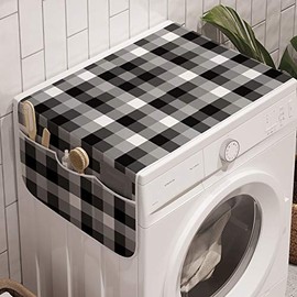 Lunarable Grey Plaid Washing Machine Organizer, Repeating Pattern of Symmetric Squares Greyscale, Anti-slip Fabric Top Cover for Washer Dryer, 47" x 18.5", Dark Grey