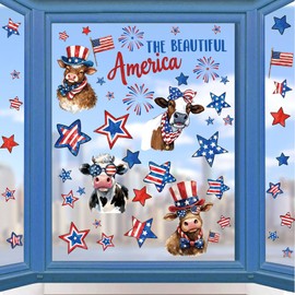 Celestdeco America Patriotic Window Clings,Independence Day Wall Stickers,4th of July Window Sticker,Highland Cow Heifer Wall Decals,USA Stars Flag Firework Decor for Home Kitchen Room Office School
